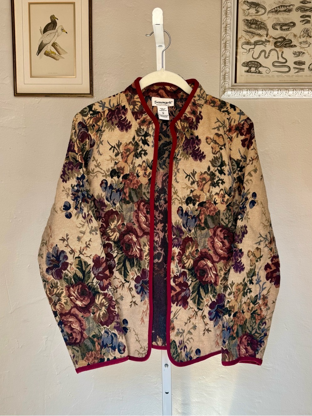 Vintage Serengeti Cream Floral Tapestry Jacket with Red Trim Size M